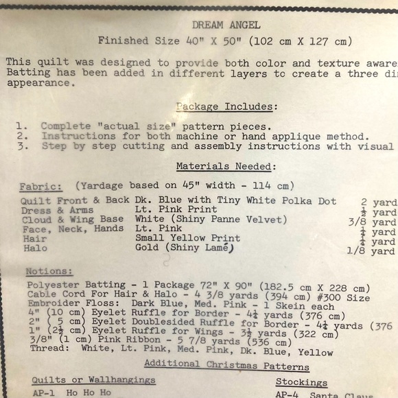 Aunt Martha’s Dream Angel Quilt Pattern Colonial Patterns, Inc. Wall Hanging - Picture 5 of 6